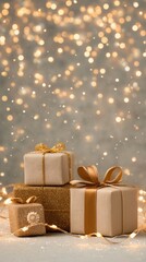 Yellow and White Minimalist Gift Box,Cozy Holiday Present Arrangement Warm Lights, Twinkling lights postage art