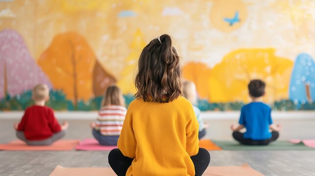 Children Doing Meditation on Yoga Mats Inside a Colourful Room