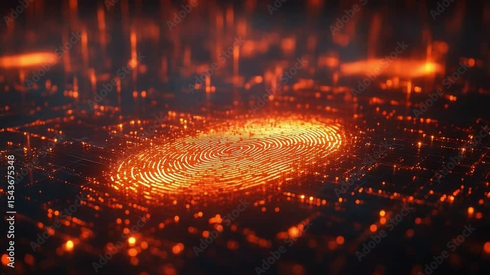 Poster Abstract Cybernetic Fingerprint: An abstract representation of a cybernetic fingerprint glows with intricate detail, embodying cutting-edge technology and biometric security in the digital age.