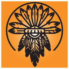 Fototapeta premium Native american headdress illustration design vector with black outlines and orange gradient background