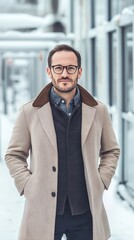 Fototapeta premium Man in Overcoat on Snowy Walkway