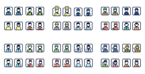 働く人職業のシンプルな四角いカラーイラストアイコンセット(医者/配達/ガソリンスタンド/エプロン/運転手/警察官/オペレーター/薬剤師/ハンバーガーショップ店員/看護師/職人/作業員/画家/ホテルスタッフ、などその他）