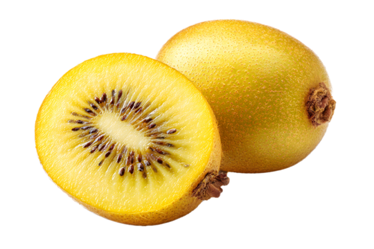 Isolated golden kiwi fruit, cut in half and placed on a white background