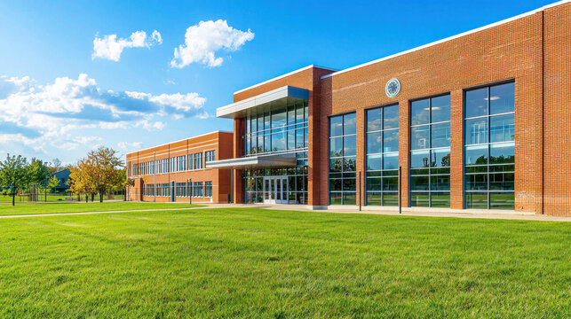 A modern, brick building with large glass windows and a clock on the front, set against a clear blue sky with scattered clouds. - Powered by Adobe