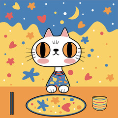 Cute funny cat and drawn vector illustration design. Ideal for cards, print, poster and doodle cat style.