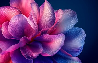 Close-up of an abstract, digital flower with bright pink and purple petals on a dark blue background.