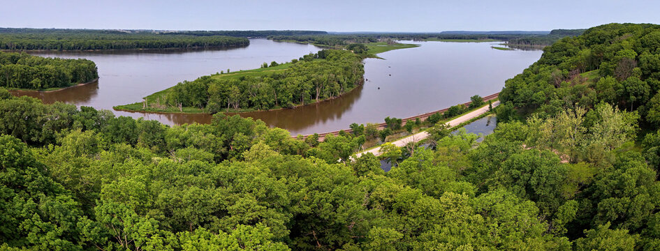 Aerial panoramic view of the Mississippi River between Illinois and Iowa looking north from Savanna, Illinois