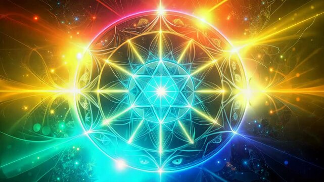 Merkaba rotating and shining with bright green light in a colorful and magical universe.