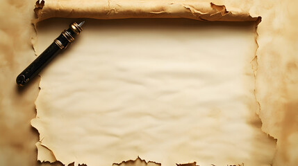 un papel en forma de pergamino con una pluma para escribir sobre el fondo vacio con espacio de copia beige antiguo medieval obsoleto