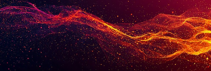 Abstract digital waves of glowing orange and red particles flow across a dark background, creating a vibrant, dynamic energy effect.