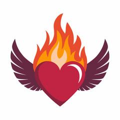 Fiery Heart with Wings Passionate Love Romantic Symbolism Design Graphic Red Orange Yellow Purple Heart Wings Flame Fire Vector Illustration Burning Heart Love Icon Passionate Feelings Romantic Design
