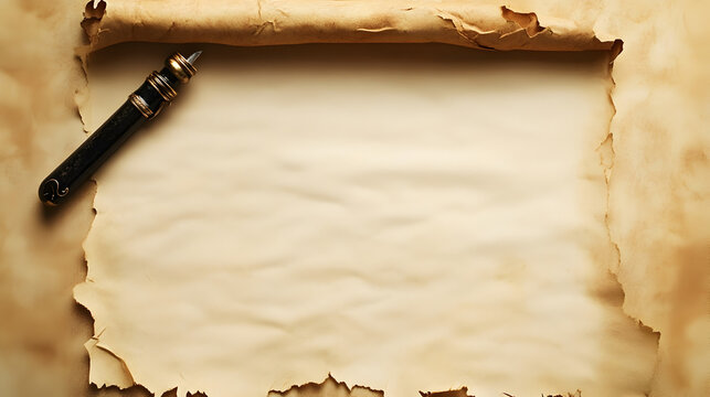 un papel en forma de pergamino con una pluma para escribir sobre el fondo vacio con espacio de copia beige antiguo medieval obsoleto