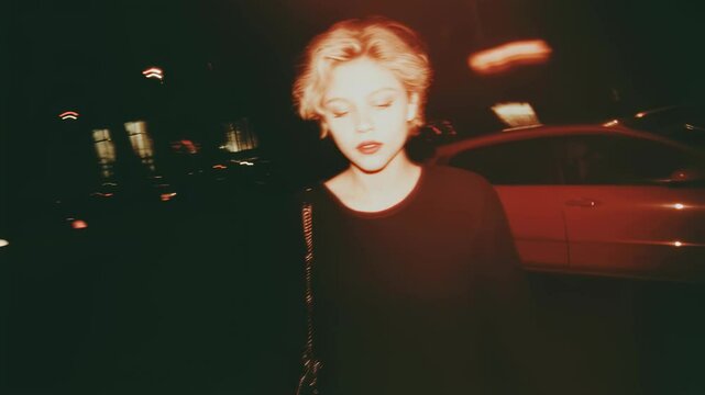 Retro style photo of smiling blonde woman at night. Vintage film camera effect with grain and blur. 1990s nostalgic aesthetic. Red car in background.