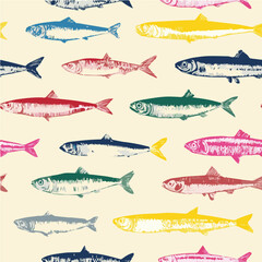 Seamless pattern of sardines with Mediterranean Italian style