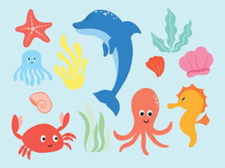 Cute Sea Animals and Ocean Elements Illustration