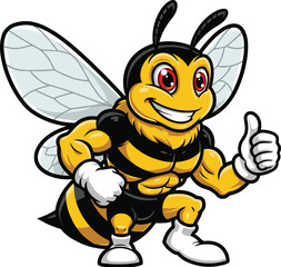 Muscular cartoon bee, strong insect mascot, smiling bee character, fitness bee vector, superhero honeybee illustration, powerful flying insect design, fun gym mascot art