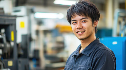 A young man in a blue shirt standing in a factory setting, smiling and looking at the camera.