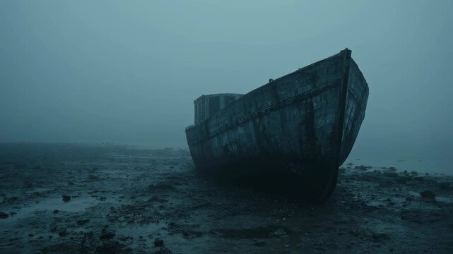 Abandoned ship wreck on foggy beach at dusk. Eerie atmospheric seascape with old boat hull. Mysterious maritime scene for book cover or horror movie concept.