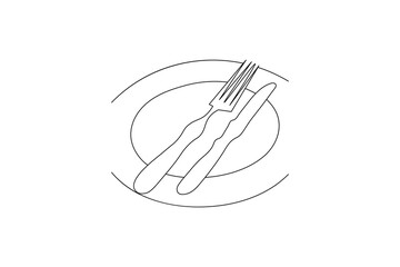 Fork knife and spoon art in one continuous line vector icon

