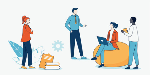 A cartoon vector illustration of people, including a businessman and woman, sitting at office desks with laptops and shopping bags, symbolizing successful online business