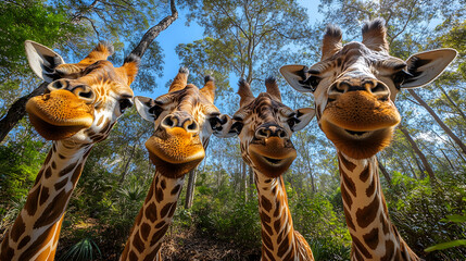 Funny close up of smiling giraffes looking into camera from forest background humorous animal portrait in wild nature bright daylight