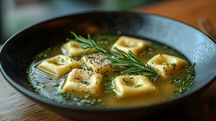 Serving of Delicious Tortelloni Soup with Fresh Herbs in Black Bowl
