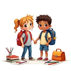 Tow happy children holding hands with backpacks and school supplies