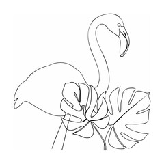 Line Art Flamingo with Monstera Leaves Black and White