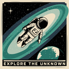 Retro Astronaut Spaceman Floating Galaxy Cosmic Exploration Vintage Style Teal Green Dark Space Background Universe Art Graphic Design Illustration Poster Print stars dream image photo nebula cosmos   © Ultimate