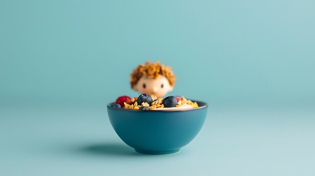 Tiny Toy Person in Bowl with Breakfast Cereal and Fresh Berries