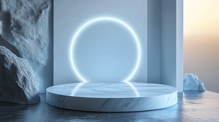 White marble podium with a glowing neon circle for product presentation, studio light background