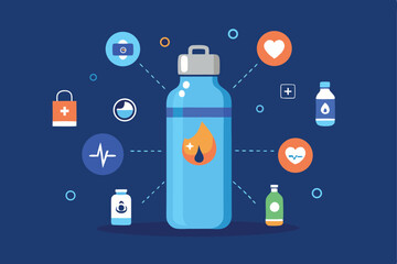  smart water bottle sending hydration alerts with water icons around, vector wellness 