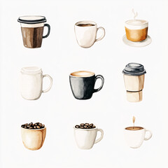 Watercolor coffee cup and to-go mug set with coffee beans, latte, and cappuccino in neutral tones on white background
