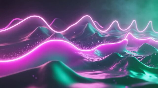 Starting neon pink sine wave traveling across teal 3D wave terrain, showing glowing particle motion - Powered by Adobe