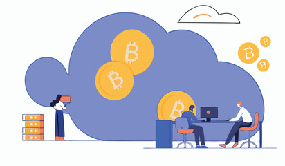 Vector illustration of business people with piggy bank and money, a concept of financial communication and internet technology