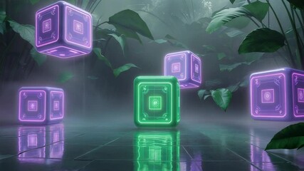 Neon cubes moving above floor amid misty tropical leaves, pulsing green cube guiding purple cubes - Powered by Adobe