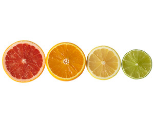 Citrus fruit slices in a row isolated on transparent background