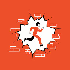 Running Man Breaking Through Brick Wall Powerful Success Concept Illustration Graphic Design Red Orange Minimalist Style Vector Art Image Business Breakthrough Achievement Goal Strong Determined      