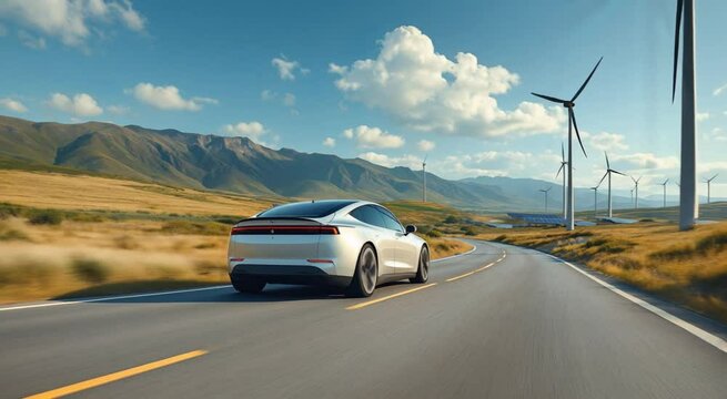 Electric vehicle drives on scenic road towards wind turbines and solar panels