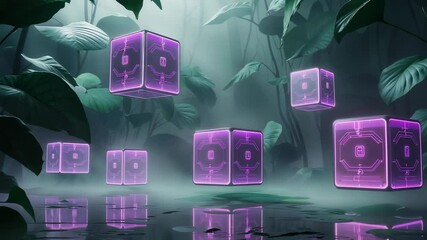 Emerging purple neon cubes drifting, pulsing above water pool in misty tropical forest, with leaves - Powered by Adobe