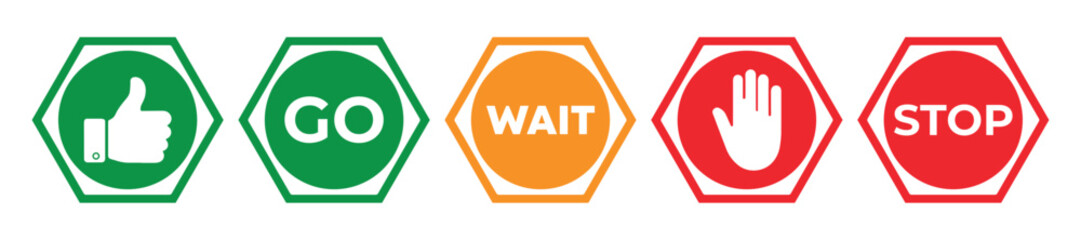 Stop, Wait, and Go Traffic Sign Icons – Red, Yellow & Green Vector Symbol Set for Road Safety, vector illustration.