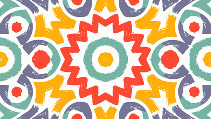 Colorful kaleidoscope pattern with geometric shapes and brush stroke texture on a white background