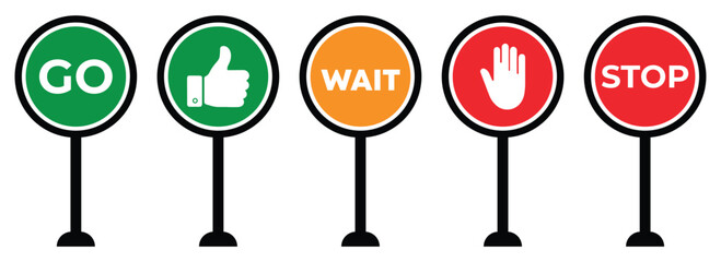 Stop, Wait, and Go Traffic Sign Icons – Red, Yellow & Green Vector Symbol Set for Road Safety, vector illustration.