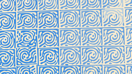Abstract square tile pattern with blue swirl designs on a light background creating a seamless texture