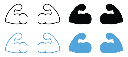 Muscle and Flexed Bicep Icon Set – Silhouette Fitness and Bodybuilder Vector Symbols,