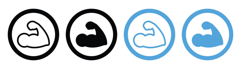 Muscle and Flexed Bicep Icon Set – Silhouette Fitness and Bodybuilder Vector Symbols,