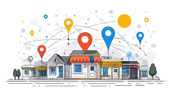Colorful flat illustration of local storefronts with map pins and network lines, symbolizing location-based marketing, GPS tracking, and retail logistics