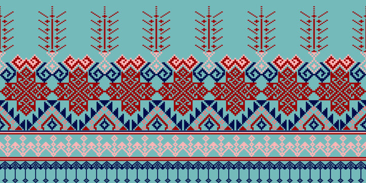 Pixel art ethnic, Pattern fabric pixel, design for background, clothing, decorative, drapery, cloth embroidery, geometric pixel art, handcraft, wallpaper, carpet, bag, card, cushions, Print, ethnic