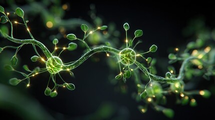 Bioluminescent green neural vine with glowing synapse-like tendrils and plant nodes, merging organic nature with futuristic biotech visualization