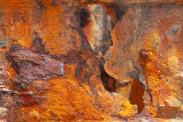 Rough rusty background on iron. Industrial texture with ochre and red tones.